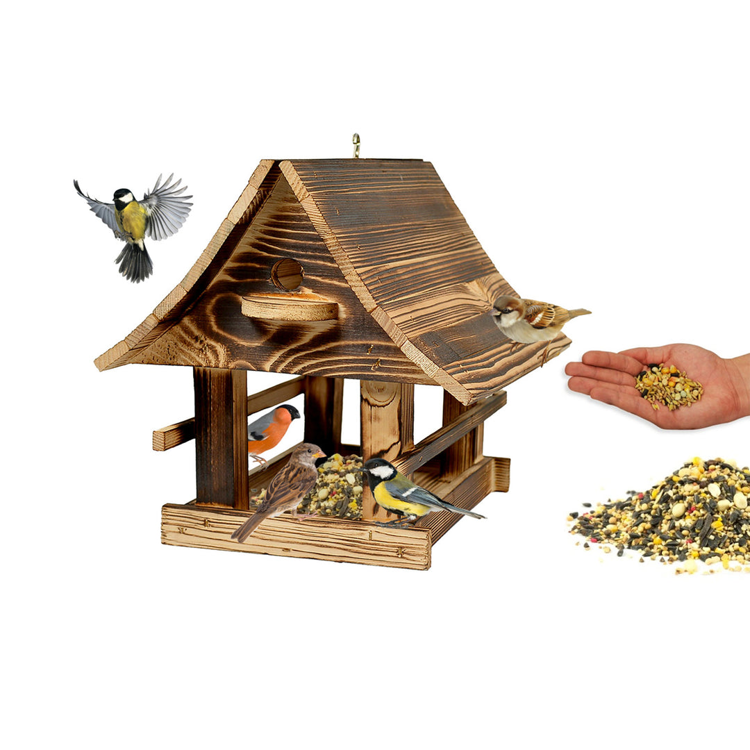 Comedero para pájaros Woodok, de madera, cocido, gancho para colgar + alpiste 1kg