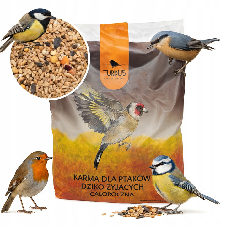 Comedero para pájaros Woodok, de madera, cocido, gancho para colgar + alpiste 1kg