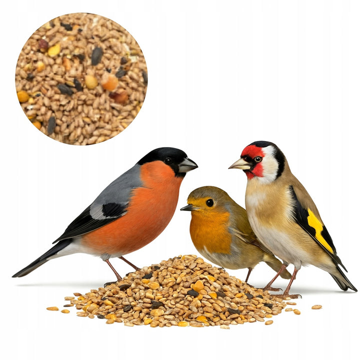 Comedero para pájaros Woodok, de madera, cocido, gancho para colgar + alpiste 1kg