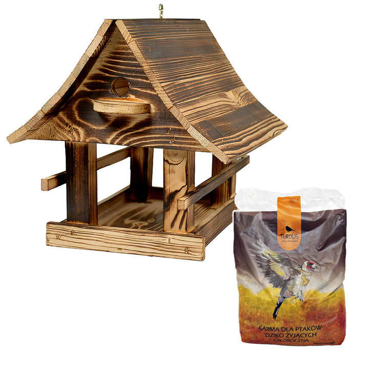 Comedero para pájaros Woodok, de madera, cocido, gancho para colgar + alpiste 1kg
