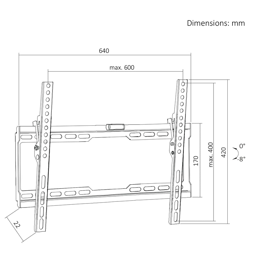 Soporte / colgador para TV Maclean, VESA máx. 600x400, 37-86", hasta 45 kg, negro, ajuste de inclinación 0°~-8°, MC-188