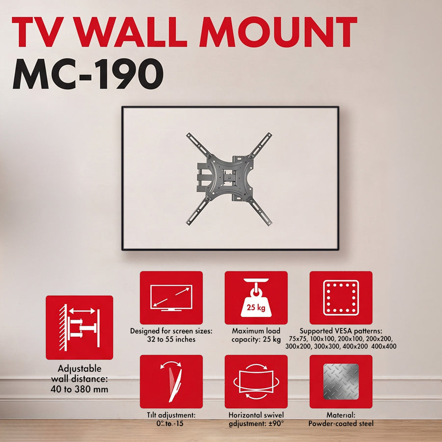 Soporte / colgador para TV Maclean, VESA máx. 400x400, 32-55", hasta 25 kg, negro, ajuste de inclinación 0°~-15° y giro +90°~-90°, MC-190