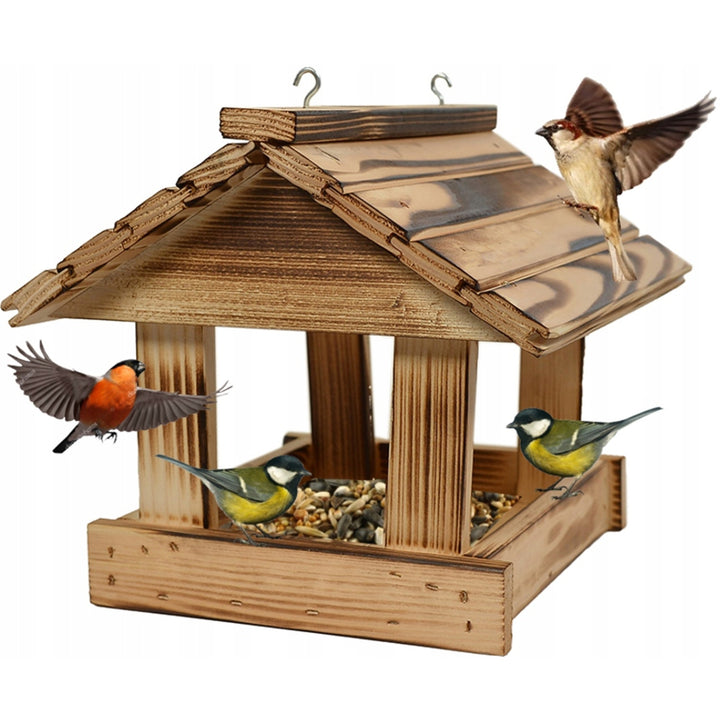 Comedero para pájaros Woodok, madera de abeto, cocido, ganchos resistentes + alpiste 1kg