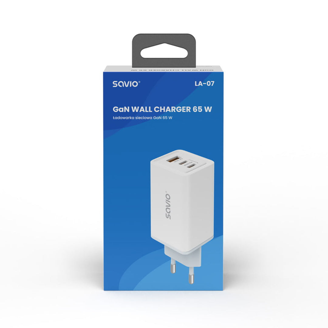 Cargador de red Savio, 1x USB-A, 2x USB-C, GaN, 65W, blanco, SAVLA-07