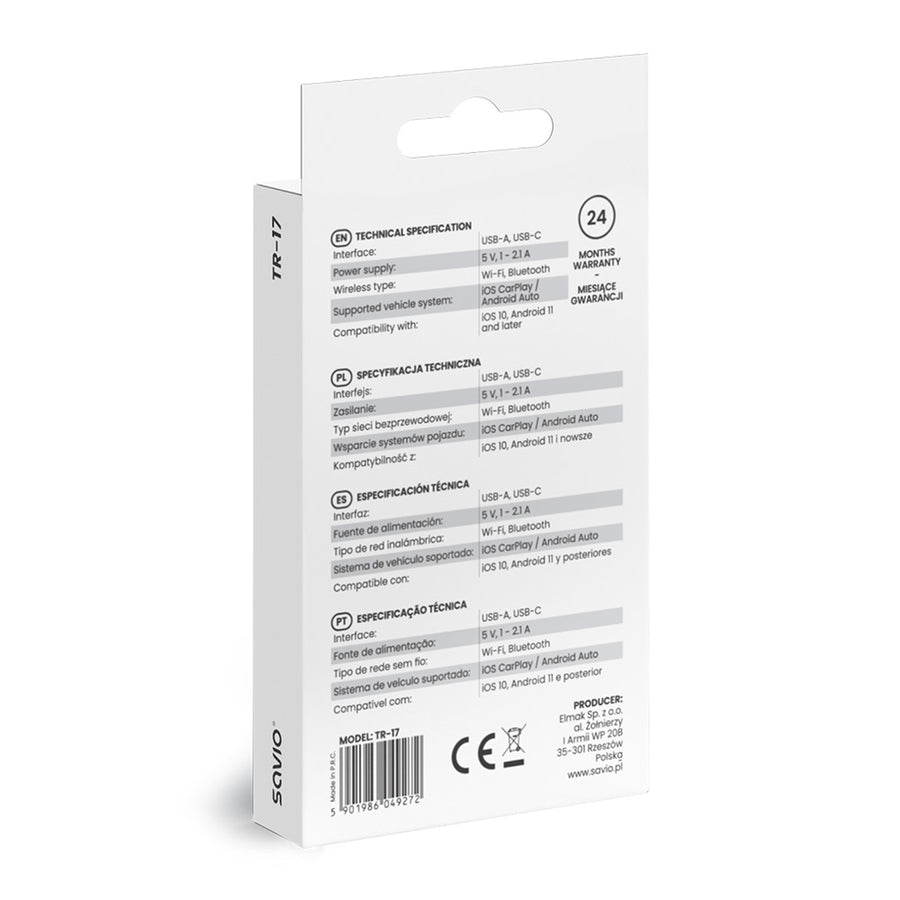 Adaptador de corriente Savio, CarPlay, Android Auto, Bluetooth, Wi-Fi, SAVTR-17