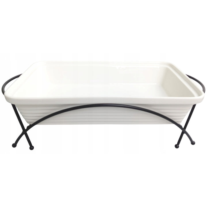 Calientaplatos de cerámica Maestro, rectangular, blanco, capacidad 1,7L, puede usarse en el horno, rejilla y tapa con asa incluidas, MR-11362-73
