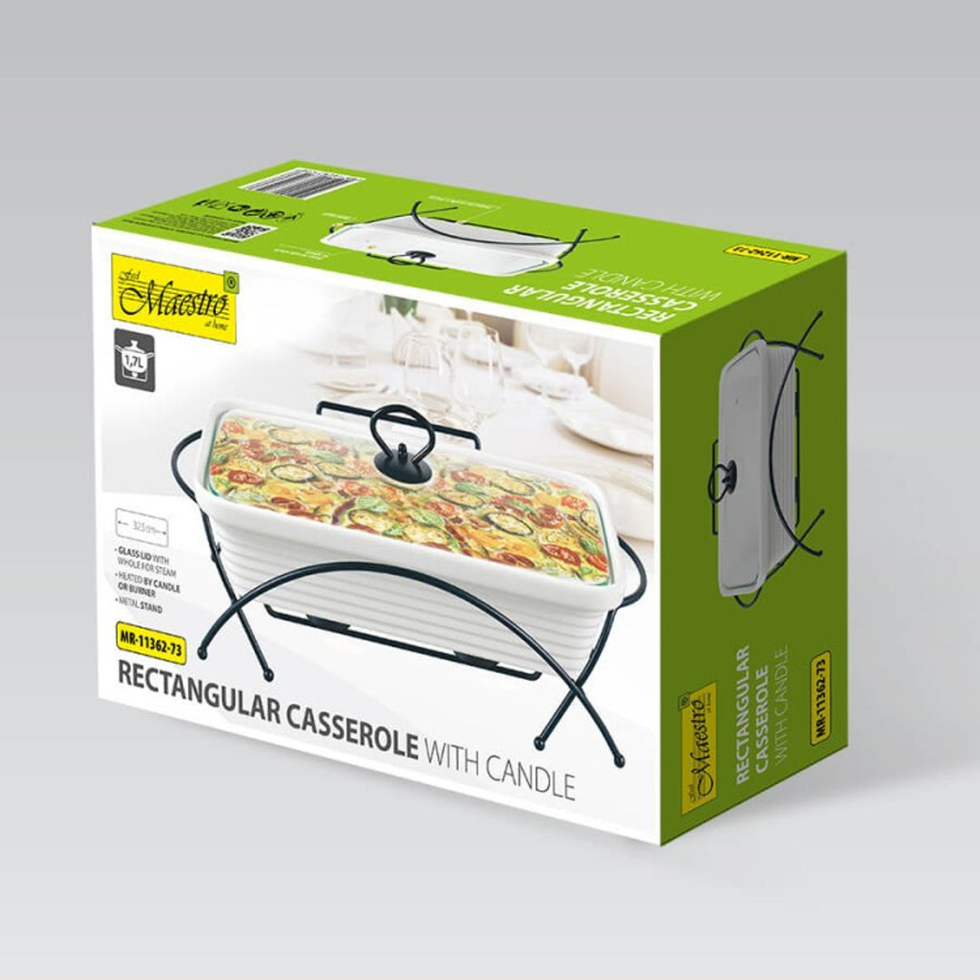 Calientaplatos de cerámica Maestro, rectangular, blanco, capacidad 1,7L, puede usarse en el horno, rejilla y tapa con asa incluidas, MR-11362-73