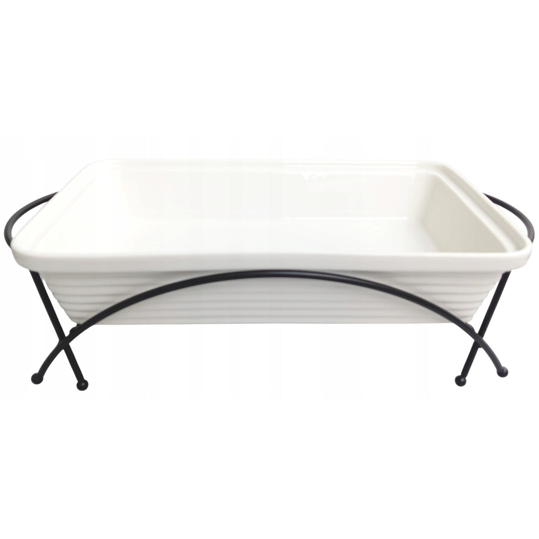 Calientaplatos de cerámica Maestro, rectangular, blanco, capacidad 2,4L, puede utilizarse en el horno, rejilla y tapa con asa incluidas, MR-11562-73