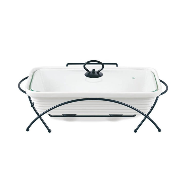 Calientaplatos de cerámica Maestro, rectangular, blanco, capacidad 2,4L, puede utilizarse en el horno, rejilla y tapa con asa incluidas, MR-11562-73