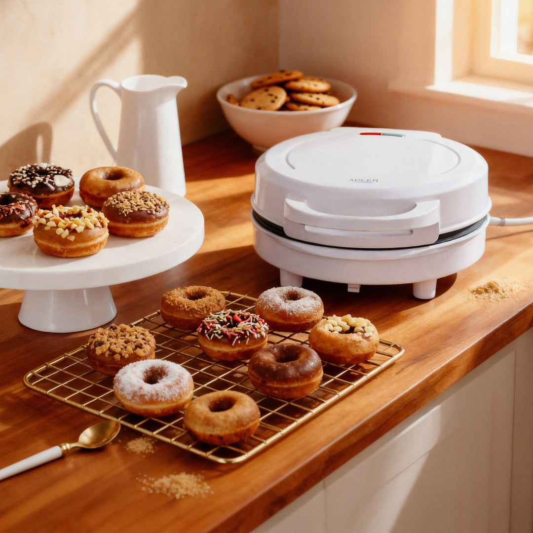 Roscadora Adler, para 7 rosquillas, revestimiento antiadherente, blanca, 1500W, AD 3075