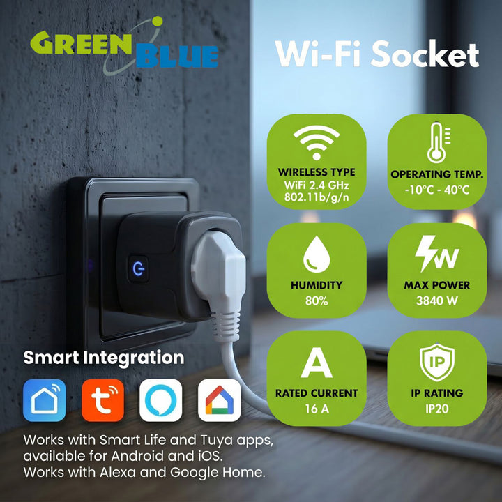 Toma de corriente WiFi GreenBlue con control remoto, compatible con Android/iOS/Alexa/Google Home, temporizador, medidor de potencia, máx. 16 A/3840 W, GB735 B