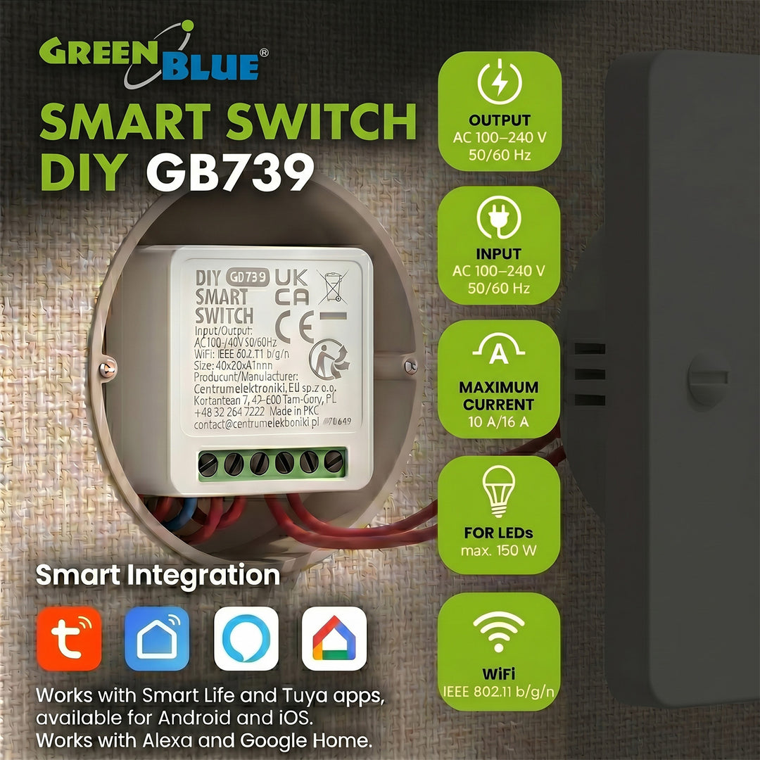Relé WiFi empotrable GreenBlue, compatible con Android/iOS/Alexa/Google Home, 100-240 V CA, 50/60 Hz, máx. 16 A, para LED de 150 W, GB739