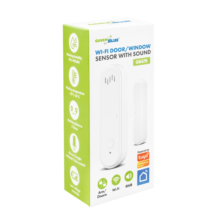 Contactor inalámbrico / sensor de apertura WiFi GreenBlue, Android/iOS, para puertas y ventanas, 3,0 V CC, LR03x2, con alarma, GB478