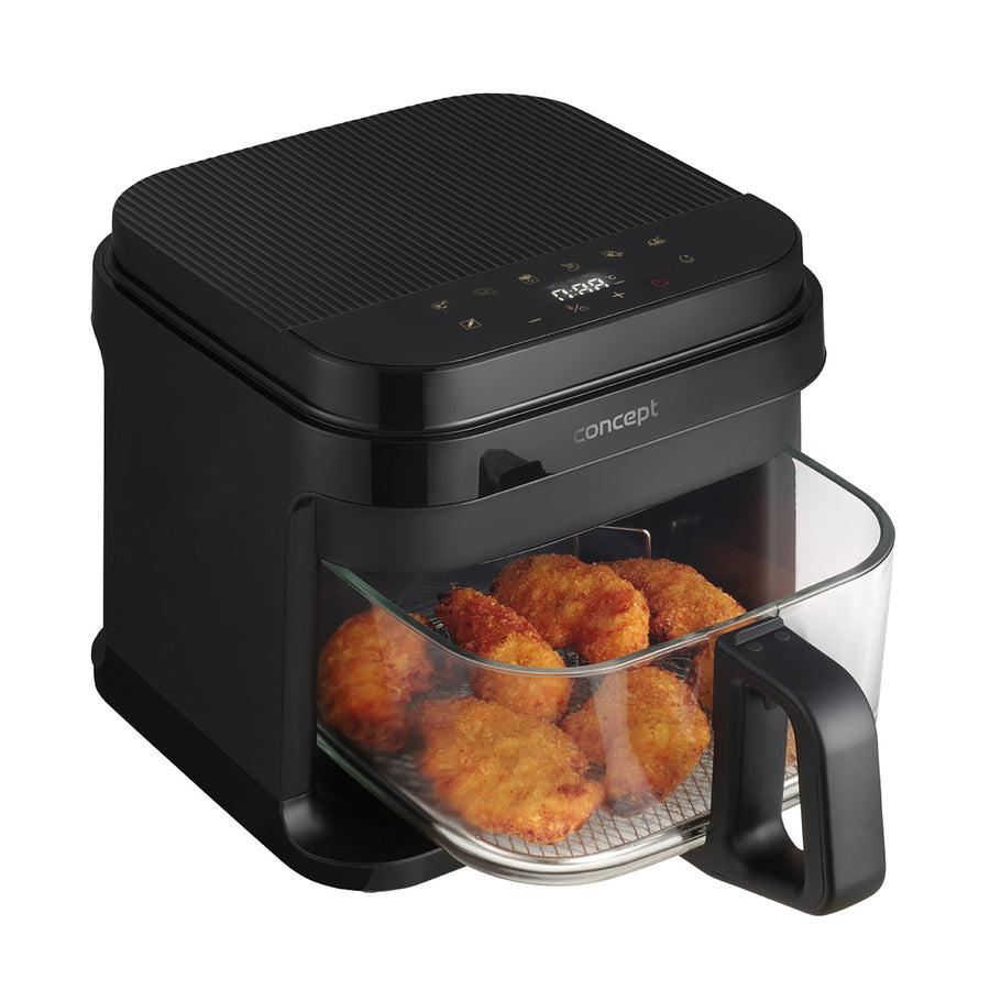 Freidora sin aceite Concept Glass&Fast, capacidad 5,5 l, 7 programas, pantalla LED táctil, modo de fritura saludable, recipiente de cristal, FR5500