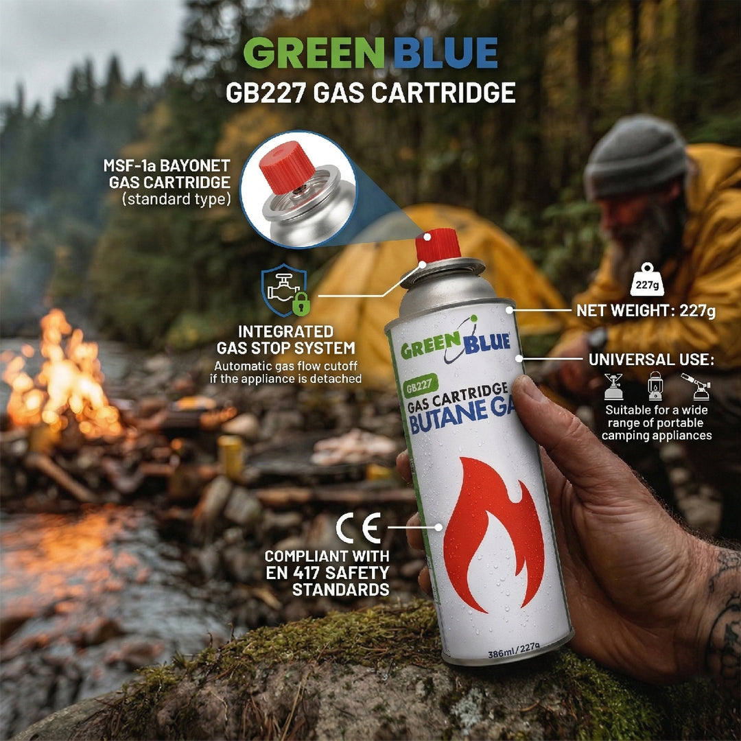 Cartucho de gas GreenBlue de 227 g. Certificado: Pi 0875, conforme a la norma EN 417, butano, rango de temperatura de funcionamiento: de -10 °C a +40 °C, GB227