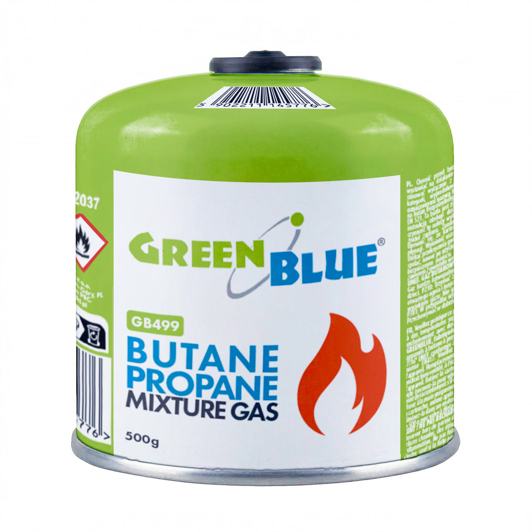Cartucho de gas de 500 g GreenBlue. Certificado: Pi 0437, conforme a la norma EN 417, butano-propano, rango de temperatura de -10 °C a +40 °C, válvula roscada de 7/16'' GB499