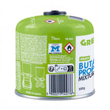Cartucho de gas de 500 g GreenBlue. Certificado: Pi 0437, conforme a la norma EN 417, butano-propano, rango de temperatura de -10 °C a +40 °C, válvula roscada de 7/16'' GB499