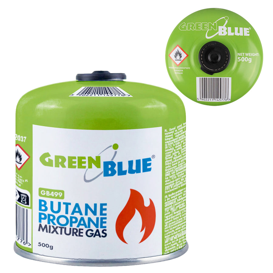Cartucho de gas de 500 g GreenBlue. Certificado: Pi 0437, conforme a la norma EN 417, butano-propano, rango de temperatura de -10 °C a +40 °C, válvula roscada de 7/16'' GB499