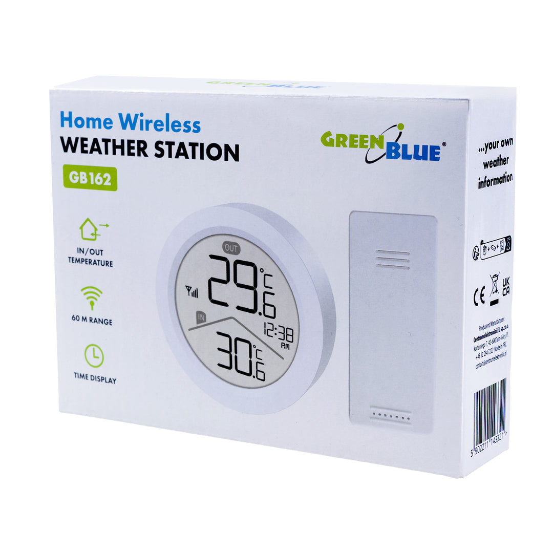 Estación meteorológica inalámbrica GreenBlue, temperatura IN/OUT, reloj, selección °C / °F, alcance hasta 60 m, GB162, 4 pilas AAA