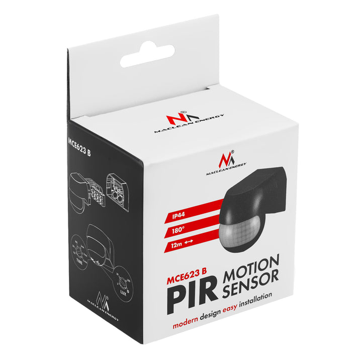 Sensor de movimiento PIR 12-24 V de Maclean, por infrarrojos, IP44, negro, alcance de 12 m, carga máxima de 60/120 W, MCE623 B