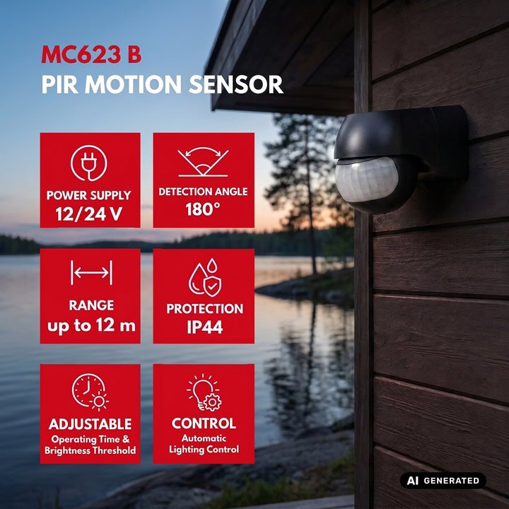 Sensor de movimiento PIR 12-24 V de Maclean, por infrarrojos, IP44, negro, alcance de 12 m, carga máxima de 60/120 W, MCE623 B