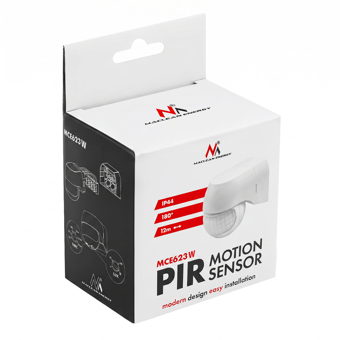 Sensor de movimiento PIR Maclean de 12-24 V, por infrarrojos, IP44, blanco, alcance de 12 m, carga máxima de 60/120 W, MCE623 W