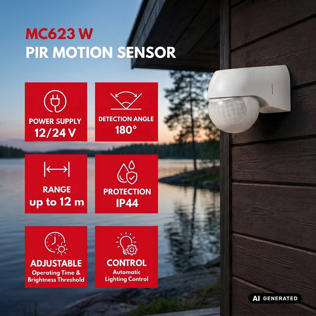 Sensor de movimiento PIR Maclean de 12-24 V, por infrarrojos, IP44, blanco, alcance de 12 m, carga máxima de 60/120 W, MCE623 W