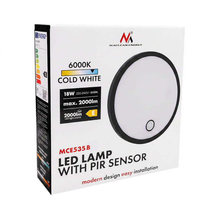 Lámpara LED con sensor de movimiento Maclean, sensor PIR, negra, 10 W/15 W/18 W, IP65, posibilidad de cambiar la temperatura de color a 3000/4000/6000 K, MCE535 B
