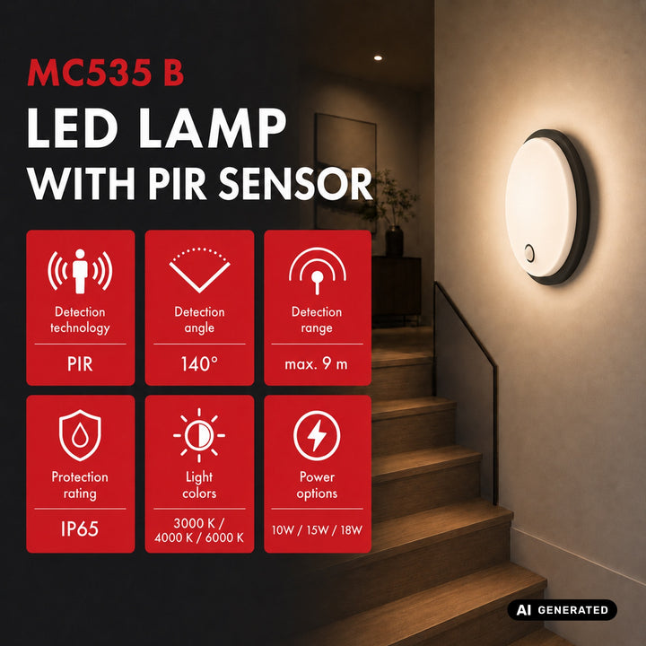 Lámpara LED con sensor de movimiento Maclean, sensor PIR, negra, 10 W/15 W/18 W, IP65, posibilidad de cambiar la temperatura de color a 3000/4000/6000 K, MCE535 B
