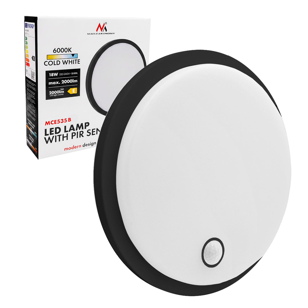 Lámpara LED con sensor de movimiento Maclean, sensor PIR, negra, 10 W/15 W/18 W, IP65, posibilidad de cambiar la temperatura de color a 3000/4000/6000 K, MCE535 B