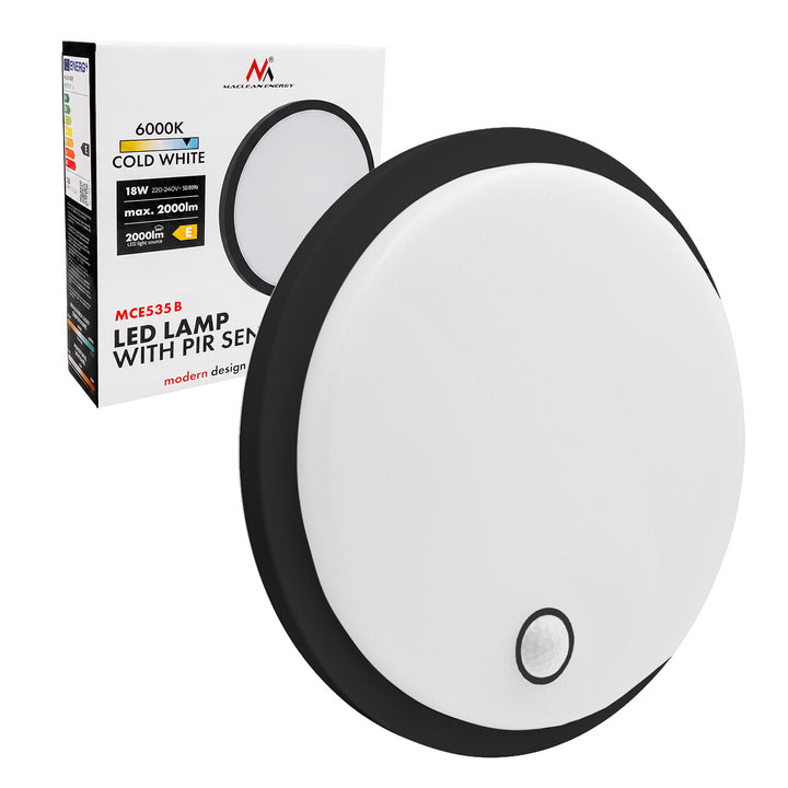 Lámpara LED con sensor de movimiento Maclean, sensor PIR, negra, 10 W/15 W/18 W, IP65, posibilidad de cambiar la temperatura de color a 3000/4000/6000 K, MCE535 B