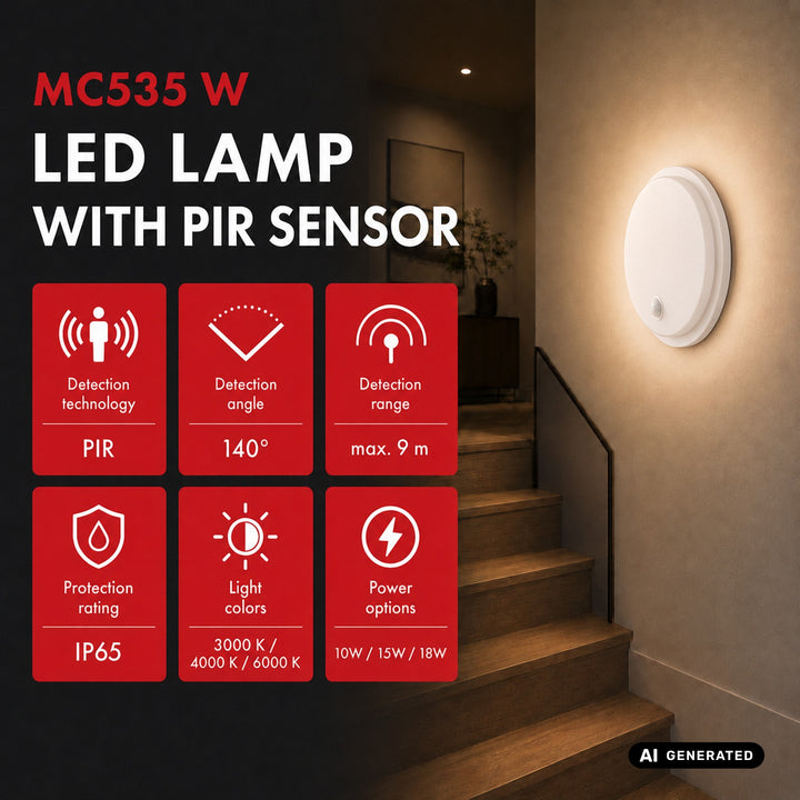 Lámpara LED con sensor de movimiento Maclean, sensor PIR, blanca, 10 W/15/18 W, IP65, posibilidad de cambiar la temperatura de color a 3000/4000/6000 K, MCE535 W