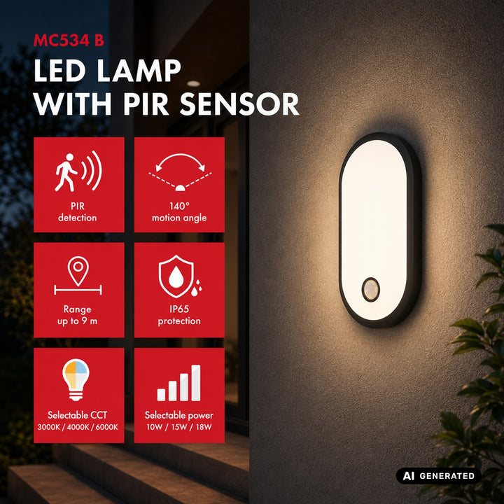 Lámpara LED con sensor de movimiento Maclean, sensor PIR, negra, 10 W/15 W/18 W, IP65, posibilidad de cambiar la temperatura de color a 3000/4000/6000 K, MCE534 B