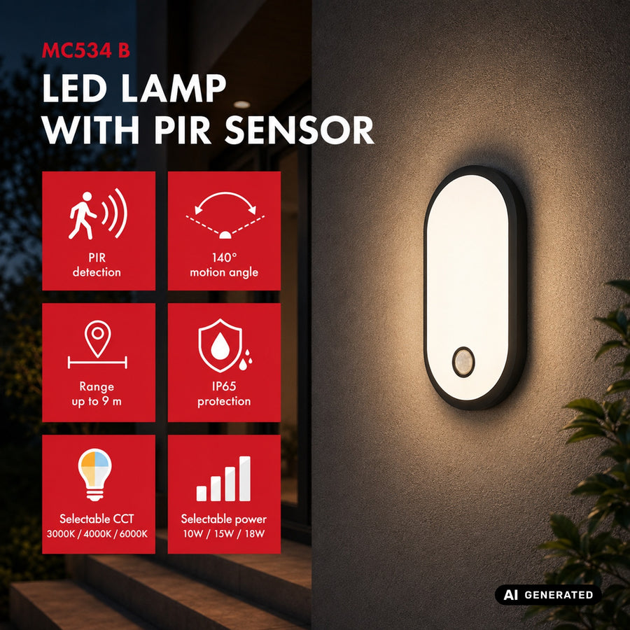 Lámpara LED con sensor de movimiento Maclean, sensor PIR, negra, 10 W/15 W/18 W, IP65, posibilidad de cambiar la temperatura de color a 3000/4000/6000 K, MCE534 B
