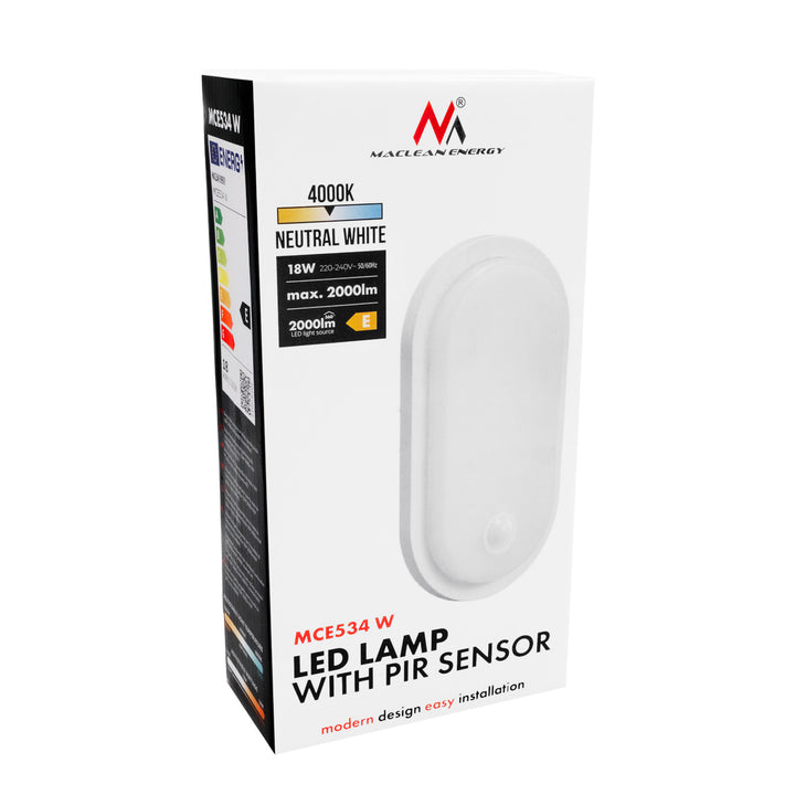 Lámpara LED con sensor de movimiento Maclean, sensor PIR, blanca, 10 W/15 W/18 W, IP65, posibilidad de cambiar la temperatura de color a 3000/4000/6000 K, MCE534 W
