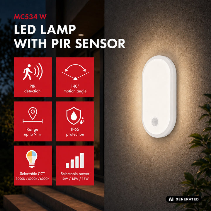Lámpara LED con sensor de movimiento Maclean, sensor PIR, blanca, 10 W/15 W/18 W, IP65, posibilidad de cambiar la temperatura de color a 3000/4000/6000 K, MCE534 W