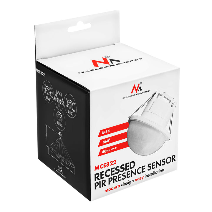 Sensor de presencia PIR Maclean, empotrable, alcance de 10 x 40 m, 1000 W/2000 W, 220-240 V CA, 50/60 Hz, IP54, MCE822