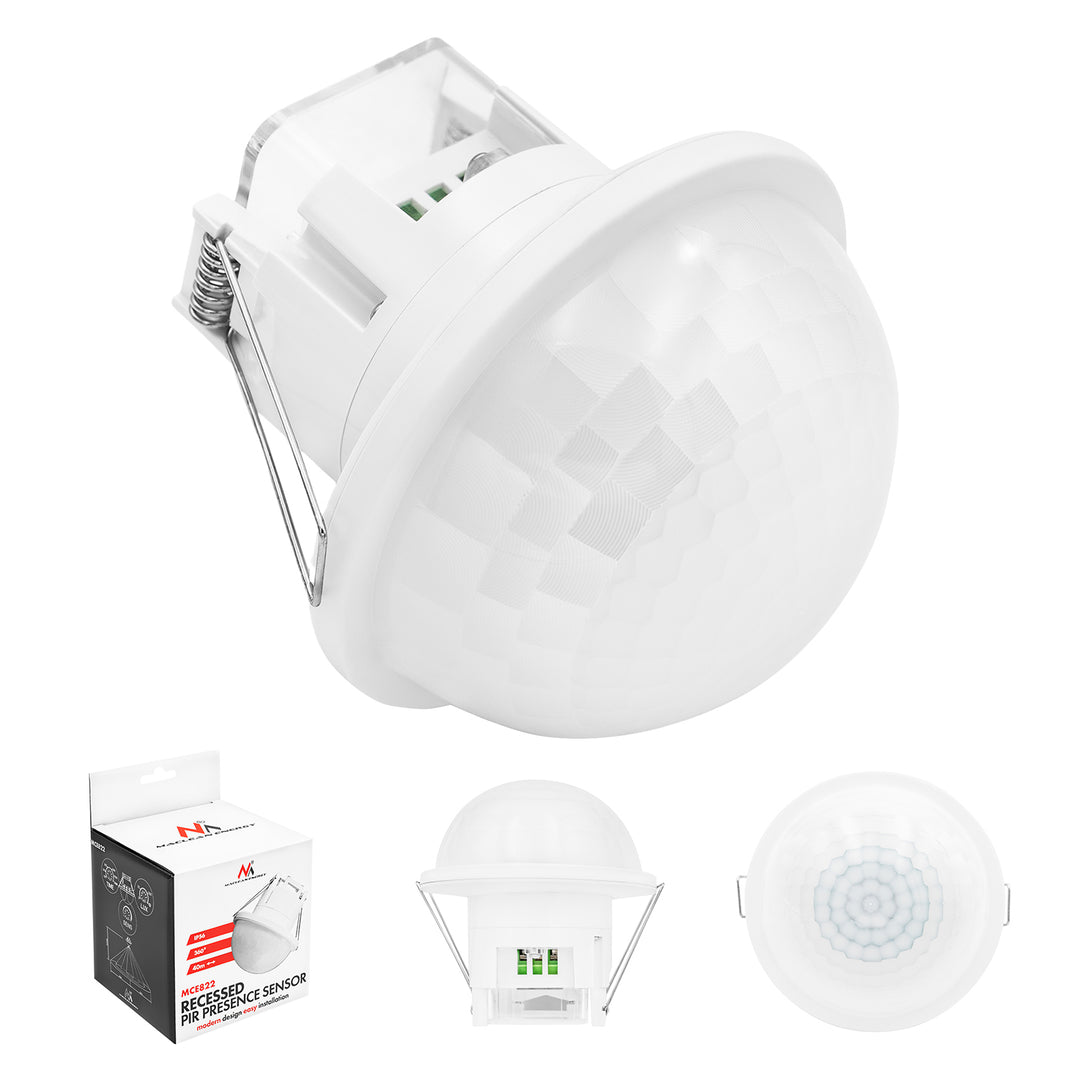 Sensor de presencia PIR Maclean, empotrable, alcance de 10 x 40 m, 1000 W/2000 W, 220-240 V CA, 50/60 Hz, IP54, MCE822