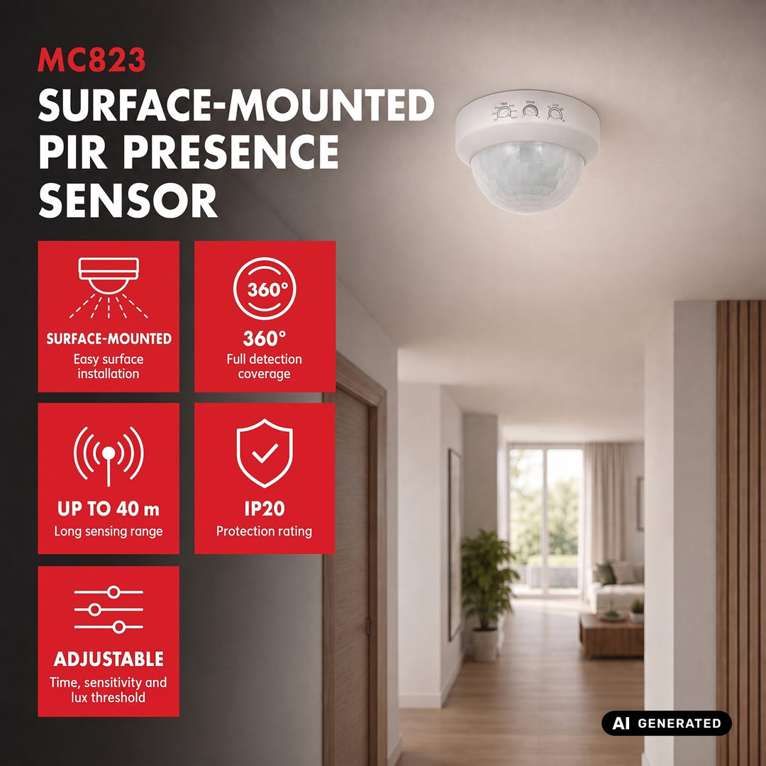 Sensor de presencia PIR Maclean, para montaje en superficie, alcance de 10 x 40 m, 1000 W/2000 W, 220-240 V CA, 50/60 Hz, MCE823