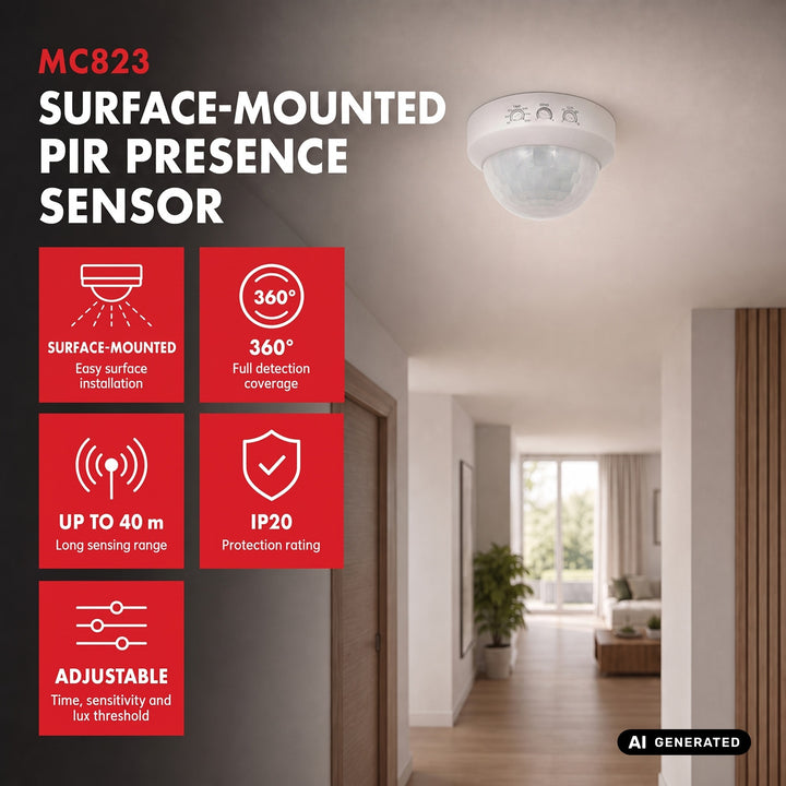 Sensor de presencia PIR Maclean, para montaje en superficie, alcance de 10 x 40 m, 1000 W/2000 W, 220-240 V CA, 50/60 Hz, MCE823