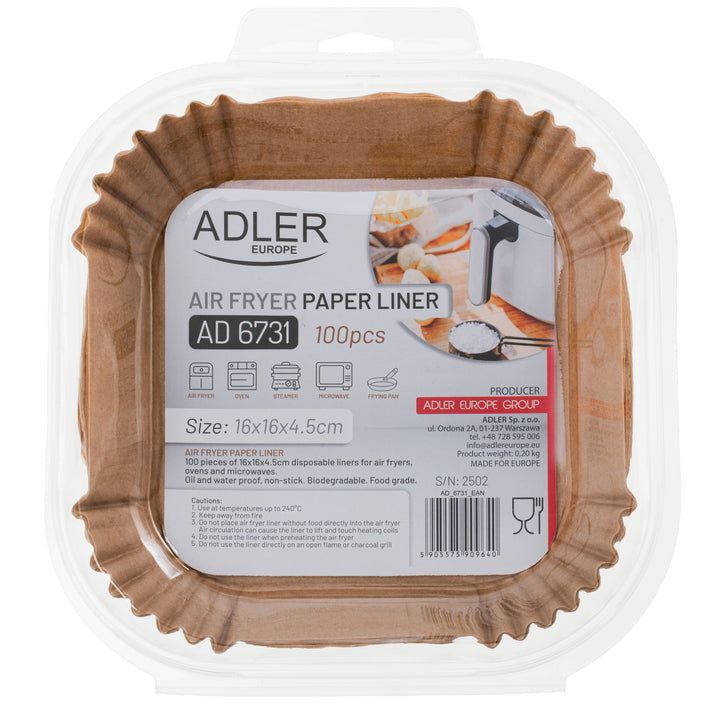 Recambios de papel para freidora Adler, 16 cm, hasta 240 °C, biodegradables, 100 unidades, AD 6731