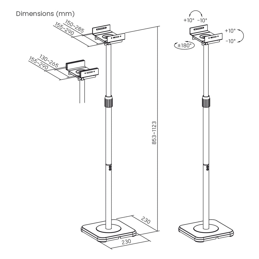 Juego de soportes de suelo para altavoces Maclean, universales, ajuste vertical y horizontal de +10° a -10°, máx. 5 kg, MC-916