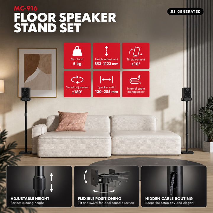 Juego de soportes de suelo para altavoces Maclean, universales, ajuste vertical y horizontal de +10° a -10°, máx. 5 kg, MC-916