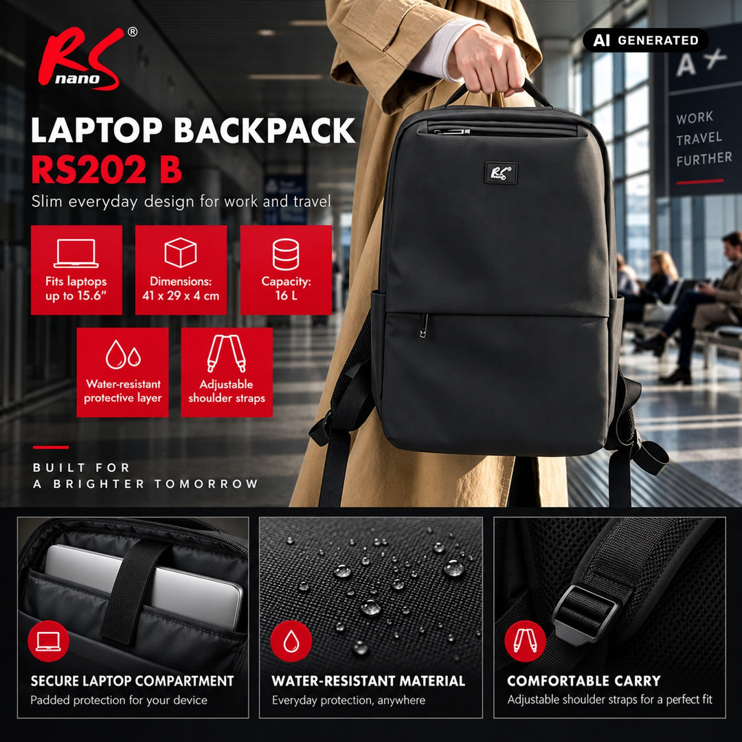 Mochila para portátil NanoRS, 15,6", negra, 41x29x4, impermeable RS202 B