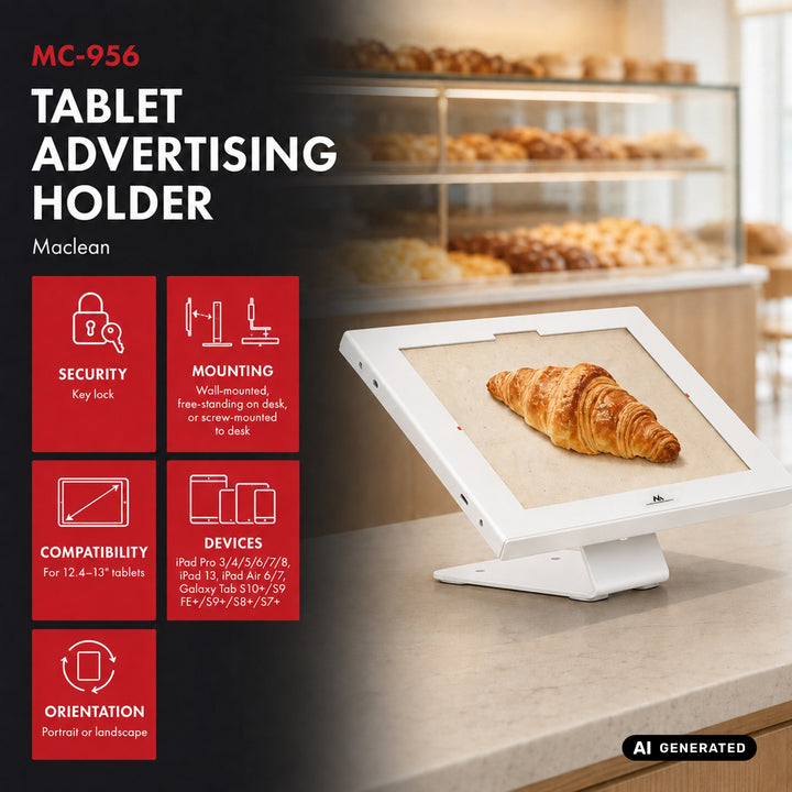 Soporte publicitario para tableta Maclean, con sistema de bloqueo, 12,4"-13", iPad Air/Pro, Samsung Tab S10+/S9+/S8+/S7+, 257 x 350 x 22 mm, MC-956 W