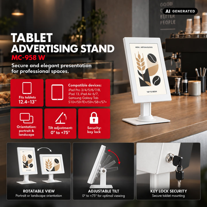 Soporte publicitario para tablet Maclean, con cierre de seguridad, 12,4"-13", iPad Air/Pro, Samsung Tab S10+/S9+/S8+/S7+, 257 x 350 x 22 mm, MC-958 W