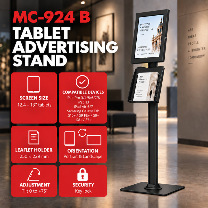 Soporte publicitario para tableta Maclean, con sistema de bloqueo. 12,4"-13", iPad Air/Pro, Samsung Tab S10+/S9+/S8+/S7+, 257 x 350 x 22 mm, MC-924 B