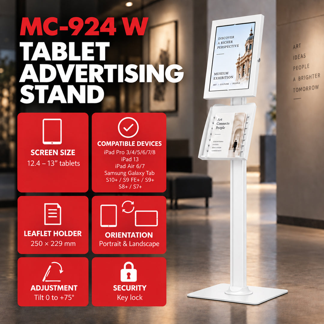 Soporte publicitario para tablet Maclean, con cierre de seguridad, 12,4"-13", iPad Air/Pro, Samsung Tab S10+/S9+/S8+/S7+, 257 x 350 x 22 mm, MC-924 W