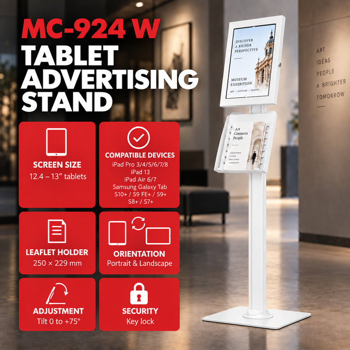 Soporte publicitario para tablet Maclean, con cierre de seguridad, 12,4"-13", iPad Air/Pro, Samsung Tab S10+/S9+/S8+/S7+, 257 x 350 x 22 mm, MC-924 W