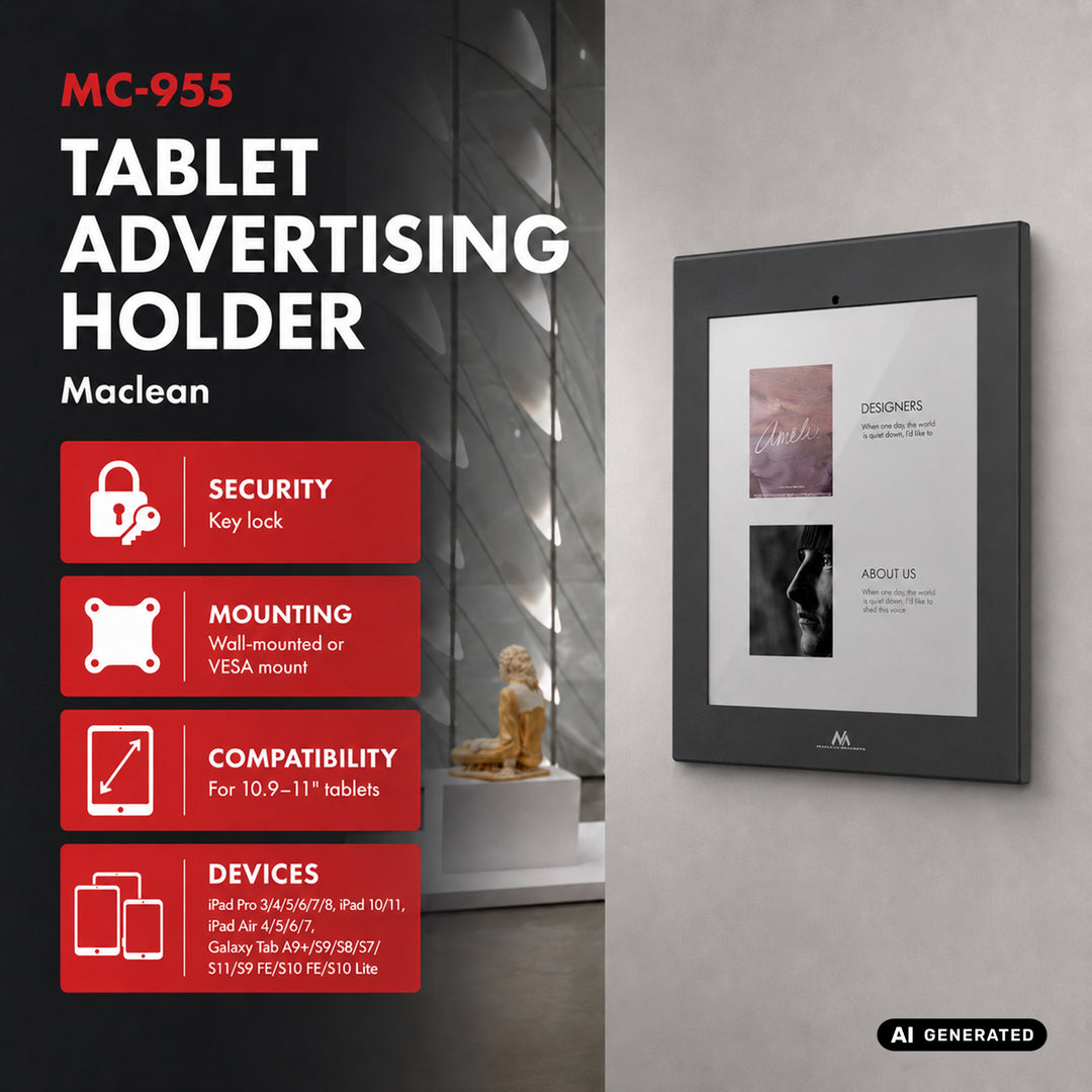Soporte publicitario para tablet Maclean, con cierre de seguridad, 10,9"-11", iPad Air/Pro, Samsung Tab A y serie S, 220 x 323 x 22 mm, MC-955 B